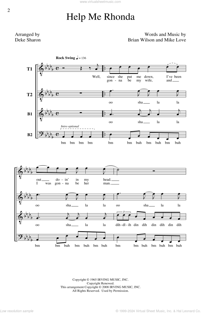 Help Me Rhonda sheet music for choir (TTBB: tenor, bass) by Brian Wilson, Mike Love, Deke Sharon and The Beach Boys, intermediate skill level