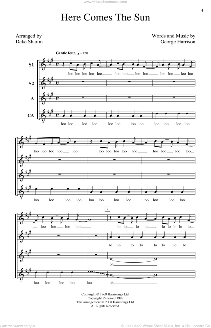 Here Comes The Sun (arr. Deke Sharon) sheet music for choir (SSA: soprano, alto) by George Harrison, Deke Sharon and The Beatles, intermediate skill level
