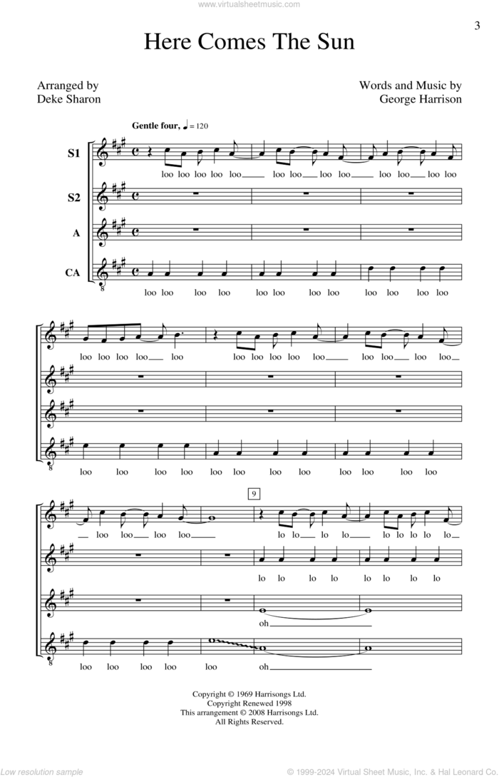 Here Comes The Sun (arr. Deke Sharon) sheet music for choir (SSA: soprano, alto) by George Harrison, Deke Sharon and The Beatles, intermediate skill level