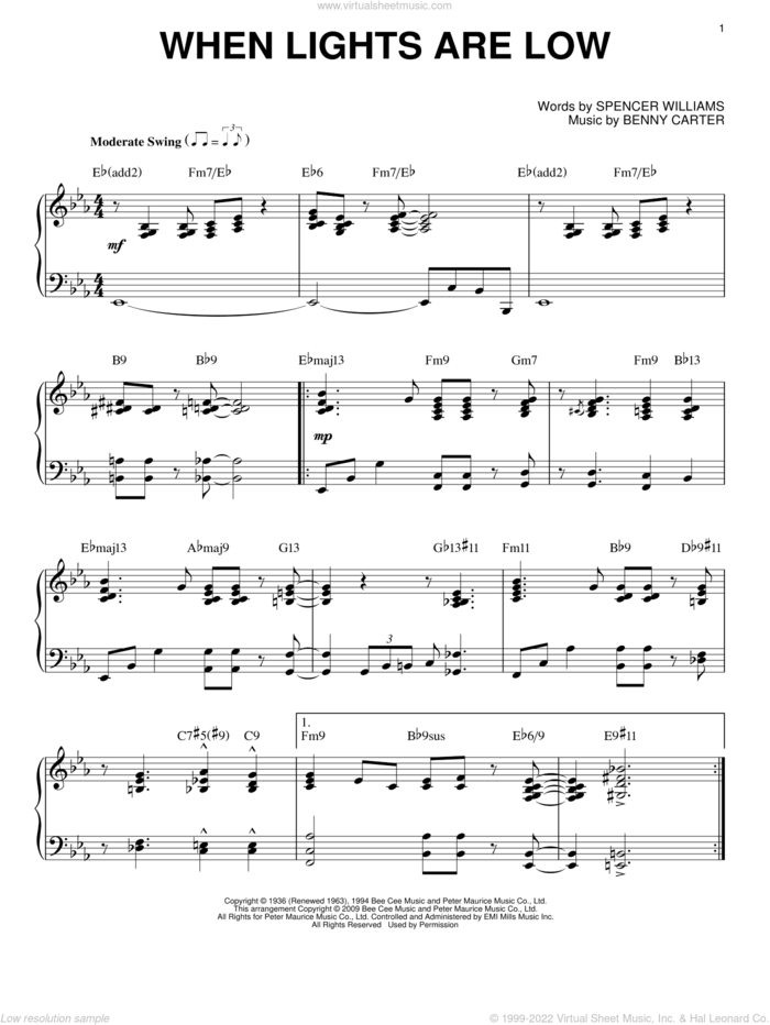 When Lights Are Low (arr. Brent Edstrom) sheet music for piano solo by Benny Carter and Spencer Williams, intermediate skill level