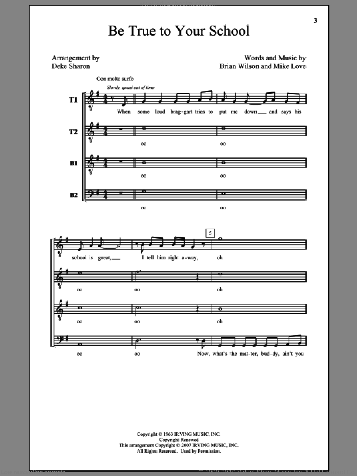 Be True To Your School sheet music for choir (TTBB: tenor, bass) by Brian Wilson, Mike Love, Deke Sharon and The Beach Boys, intermediate skill level