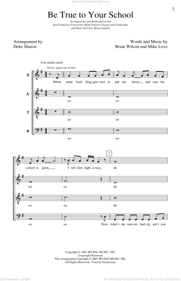 Be True To Your School sheet music for choir (SATB: soprano, alto, tenor, bass) by Brian Wilson, Mike Love, Deke Sharon and The Beach Boys, intermediate skill level
