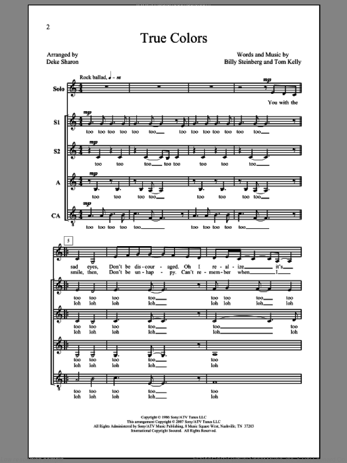 True Colors (arr. Deke Sharon) sheet music for choir (SSA: soprano, alto) by Billy Steinberg, Tom Kelly, Cyndi Lauper, Deke Sharon and Phil Collins, intermediate skill level