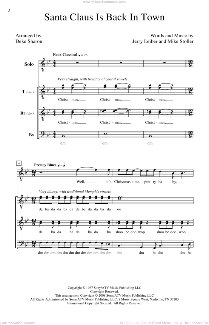 Santa Claus Is Back In Town sheet music for choir (TTBB: tenor, bass) by Mike Stoller, Jerry Leiber, Deke Sharon and Elvis Presley, intermediate skill level