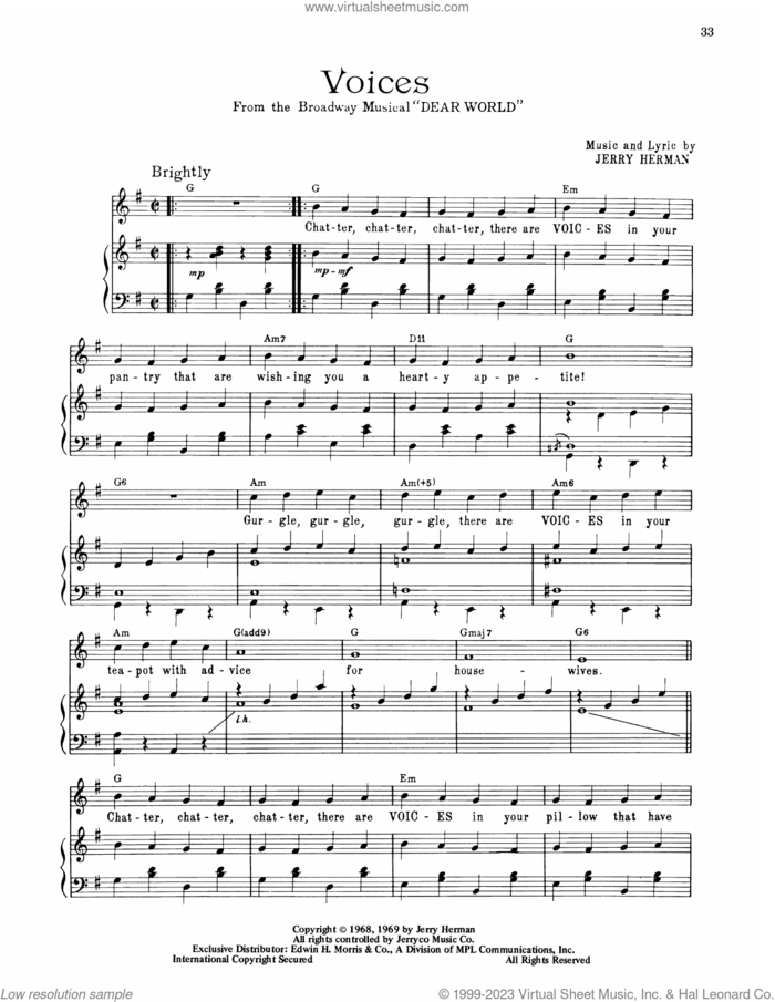 Voices (from Dear World) sheet music for voice, piano or guitar by Jerry Herman, intermediate skill level