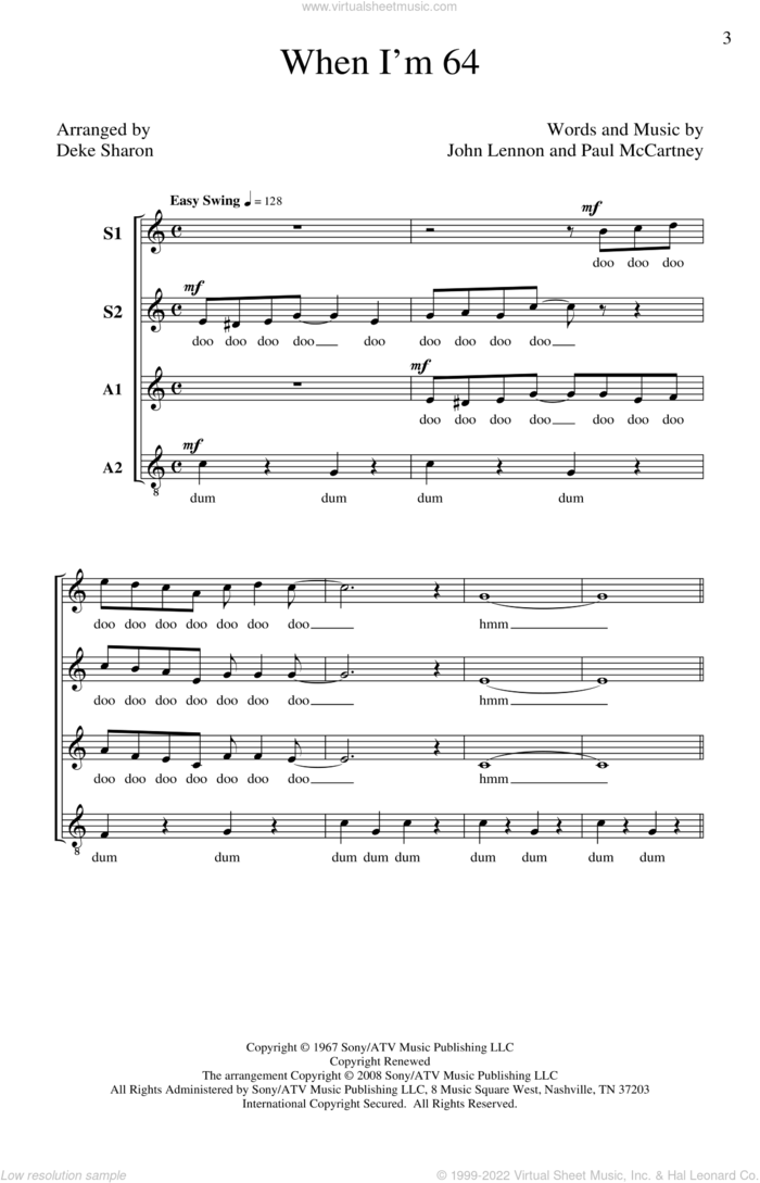 When I'm Sixty-Four sheet music for choir (SSA: soprano, alto) by Paul McCartney, John Lennon, Deke Sharon and The Beatles, intermediate skill level