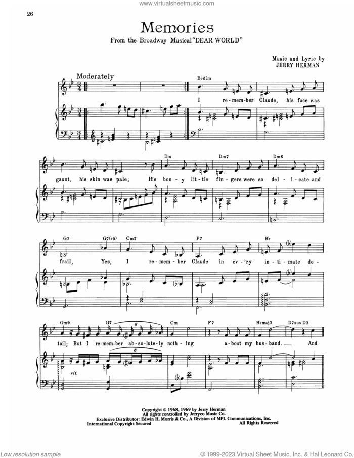Memories (from Dear World) sheet music for voice, piano or guitar by Jerry Herman, intermediate skill level