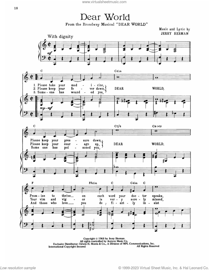 Dear World (from Dear World) sheet music for voice, piano or guitar by Jerry Herman, intermediate skill level