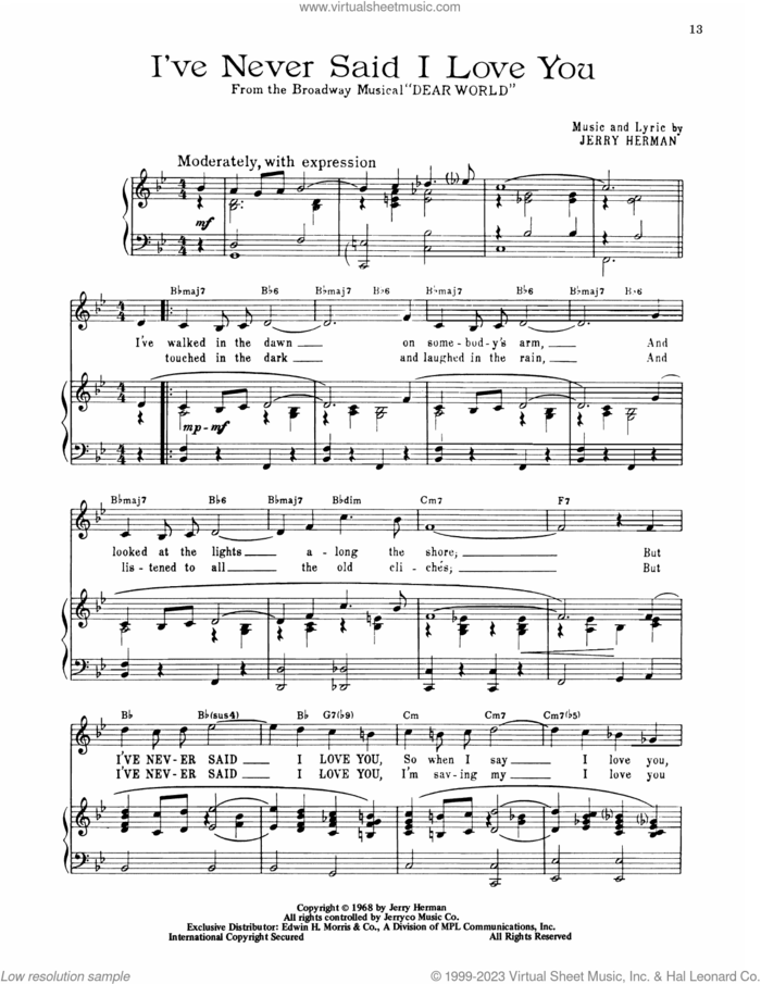 I've Never Said I Love You (from Dear World) sheet music for voice, piano or guitar by Jerry Herman, intermediate skill level