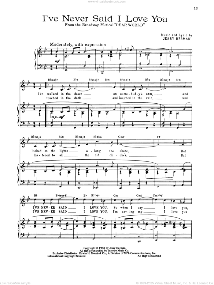 I've Never Said I Love You (from Dear World) sheet music for voice, piano or guitar by Jerry Herman, intermediate skill level