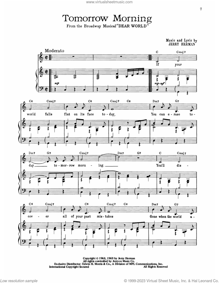 Tomorrow Morning (from Dear World) sheet music for voice, piano or guitar by Jerry Herman, intermediate skill level