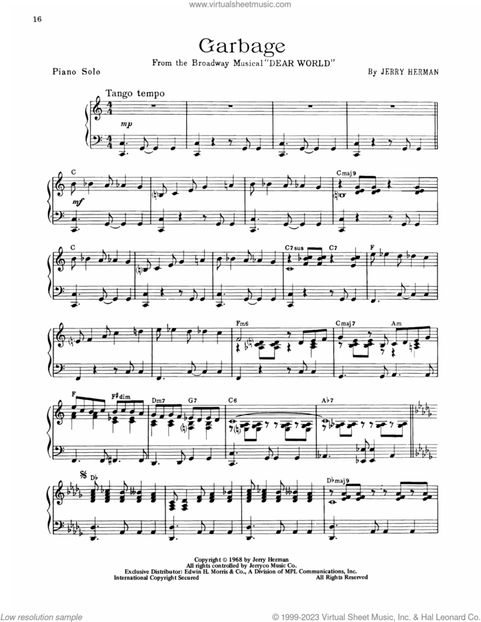 Garbage (from Dear World) sheet music for piano solo by Jerry Herman, intermediate skill level