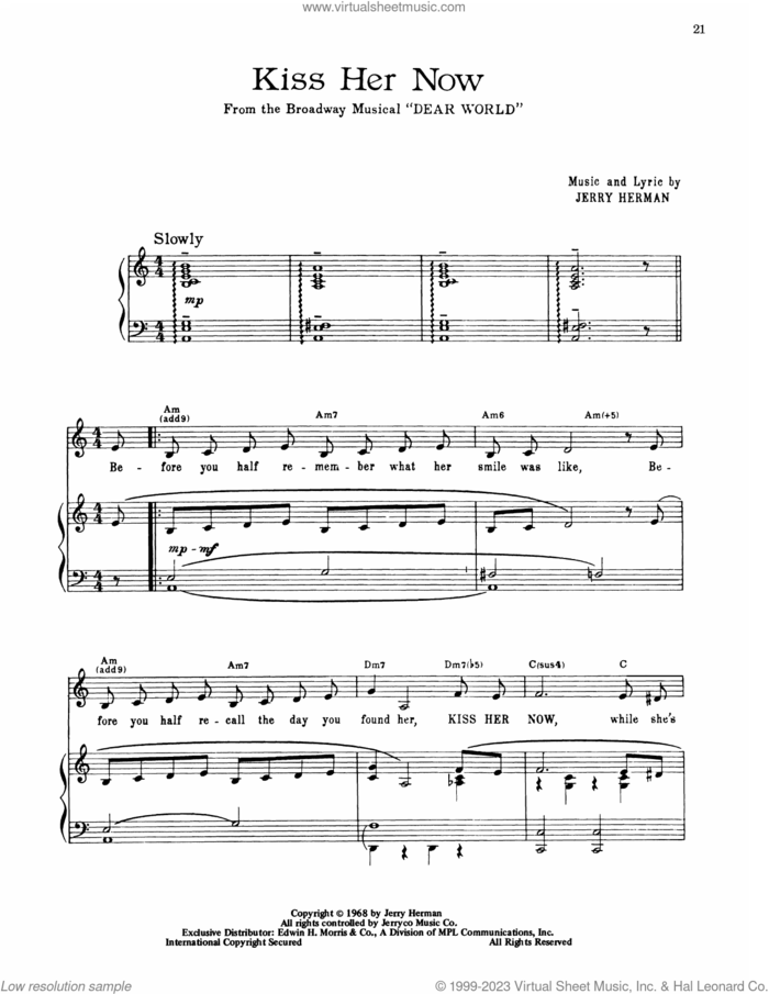 Kiss Her Now (from Dear World) sheet music for voice, piano or guitar by Jerry Herman, intermediate skill level