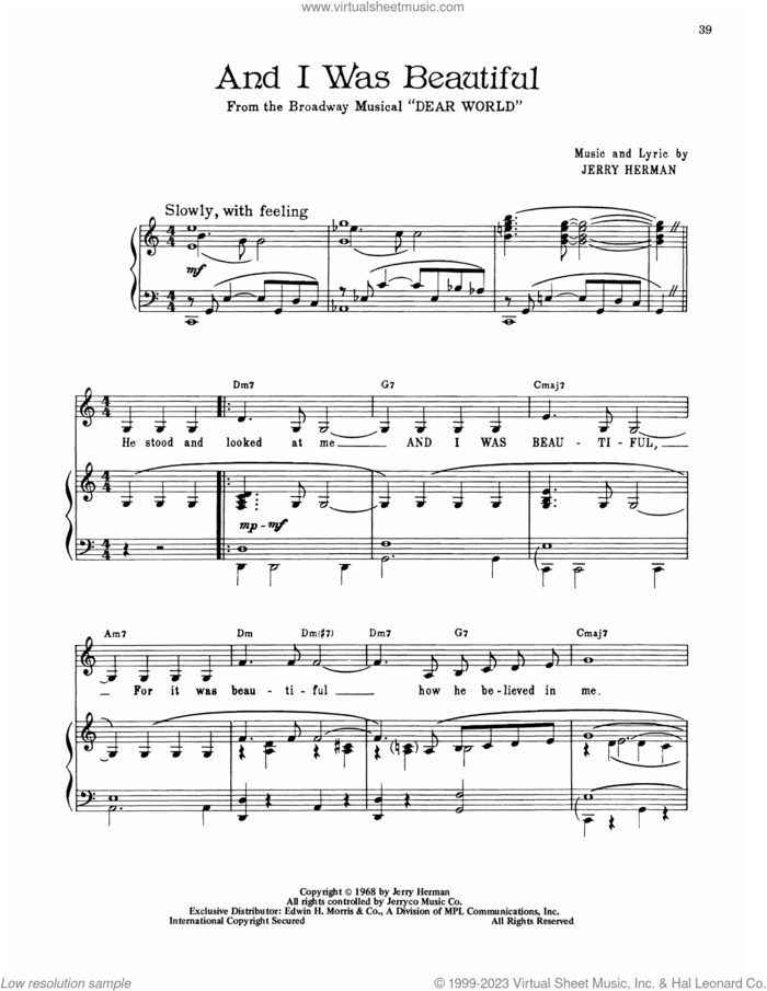 And I Was Beautiful (from Dear World) sheet music for voice, piano or guitar by Jerry Herman, intermediate skill level