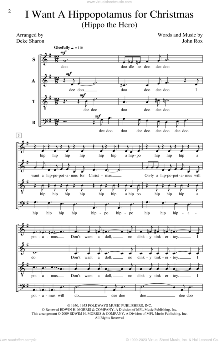 I Want A Hippopotamus For Christmas (Hippo The Hero) sheet music for choir (SATB: soprano, alto, tenor, bass) by John Rox and Deke Sharon, intermediate skill level