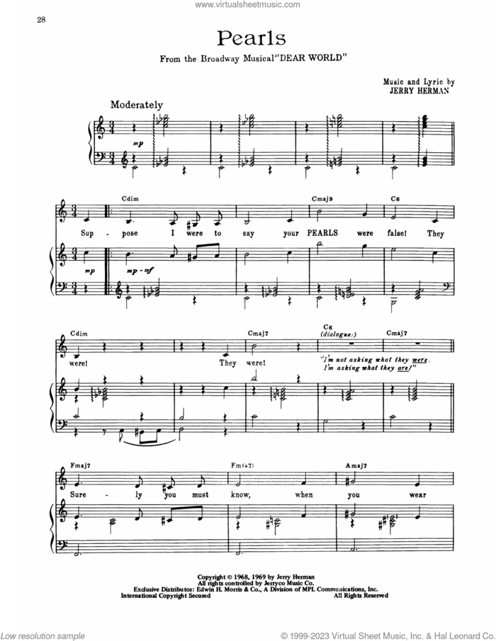 The Pearls (from Dear World) sheet music for voice, piano or guitar by Jerry Herman and Jelly Roll Morton, intermediate skill level
