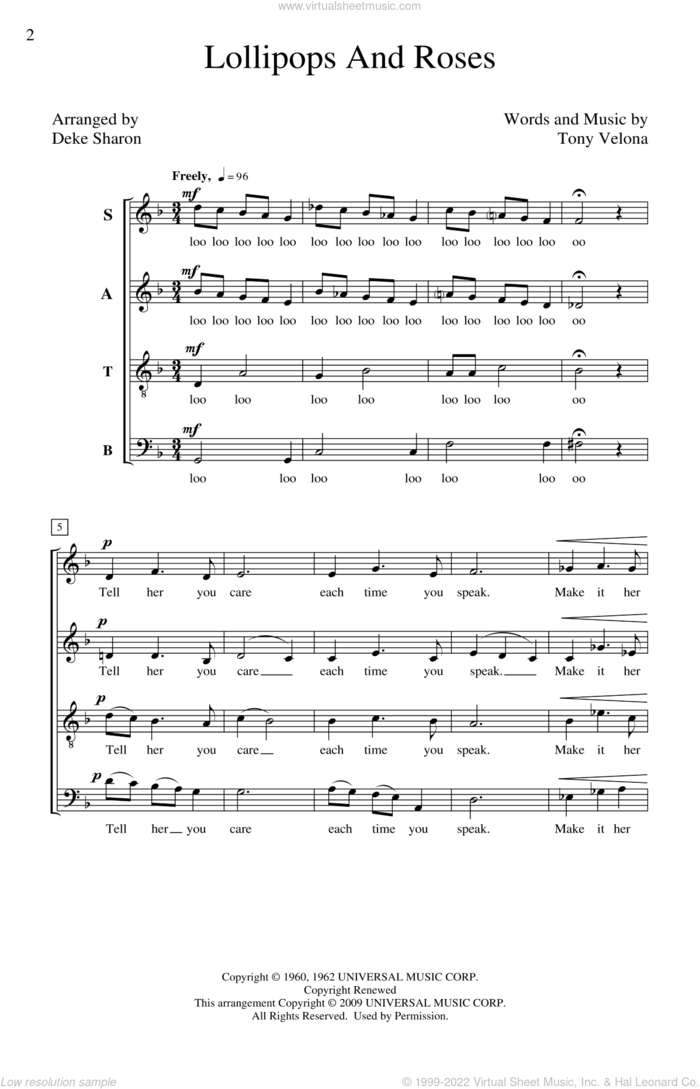 Lollipops And Roses sheet music for choir (SATB: soprano, alto, tenor, bass) by Tony Velona and Deke Sharon, intermediate skill level