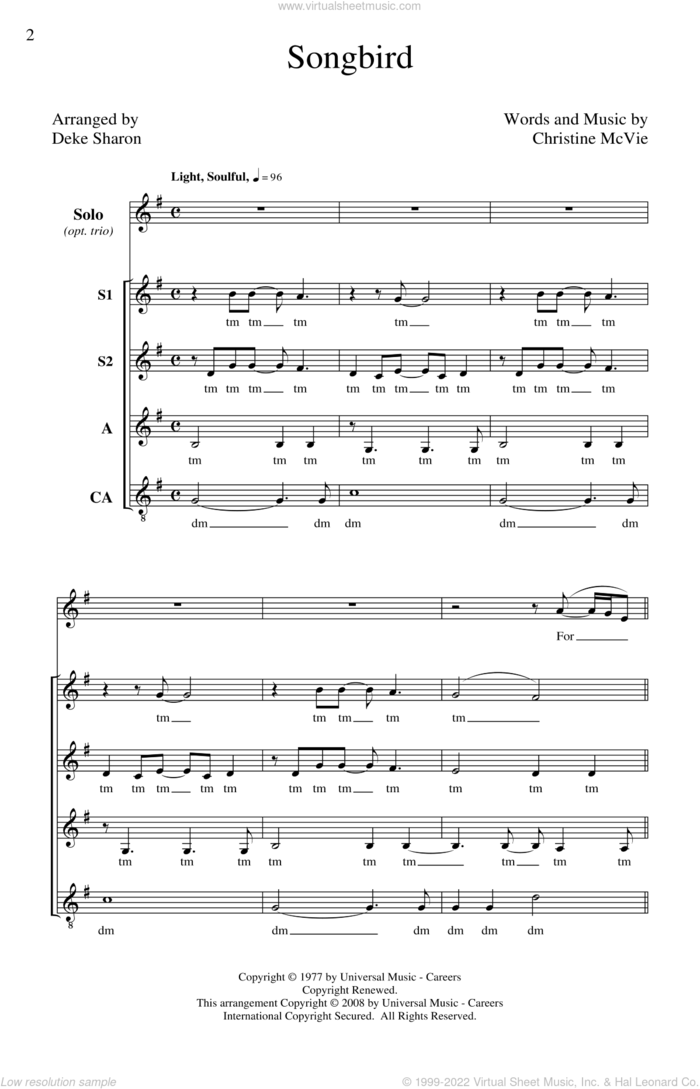 Songbird sheet music for choir (SSA: soprano, alto) by Christine McVie, Deke Sharon and Fleetwood Mac, intermediate skill level