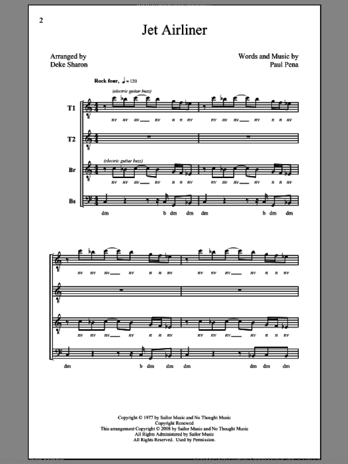 Jet Airliner sheet music for choir (TTBB: tenor, bass) by Deke Sharon, Paul Pena and Steve Miller Band, intermediate skill level