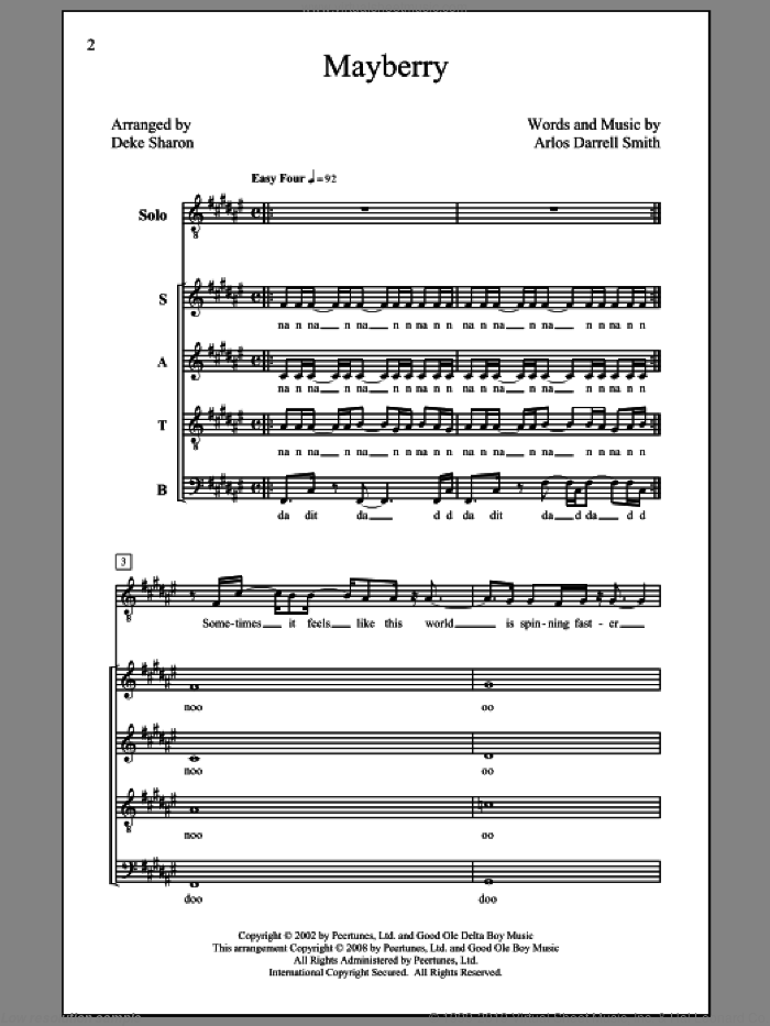 Mayberry sheet music for choir (SATB: soprano, alto, tenor, bass) by Deke Sharon, Arlos Darrell Smith and Rascal Flatts, intermediate skill level