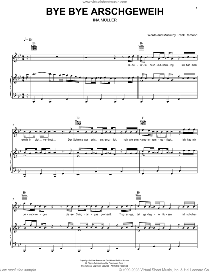 Bye Bye Arschgeweih sheet music for voice, piano or guitar by Ina Müller and Frank Ramond, intermediate skill level