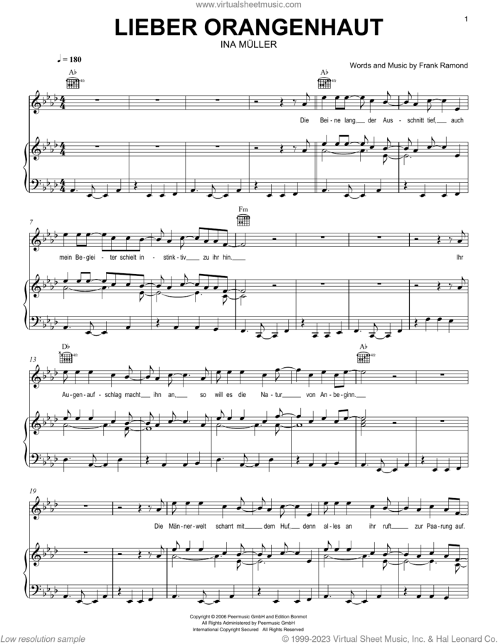 Lieber Orangenhaut sheet music for voice, piano or guitar by Ina Müller and Frank Ramond, intermediate skill level