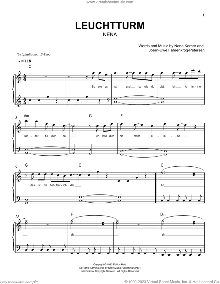 Leuchtturm sheet music for piano solo by Nena, Joern-Uwe Fahrenkrog-Petersen and Nena Kerner, easy skill level