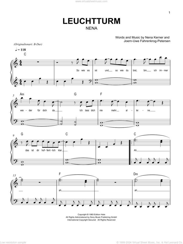 Leuchtturm sheet music for piano solo by Nena, Joern-Uwe Fahrenkrog-Petersen and Nena Kerner, easy skill level