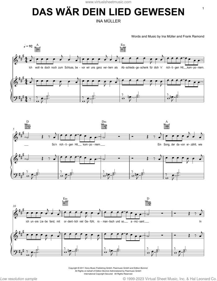 Das war dein Lied gewesen sheet music for voice, piano or guitar by Ina Müller and Frank Ramond, intermediate skill level