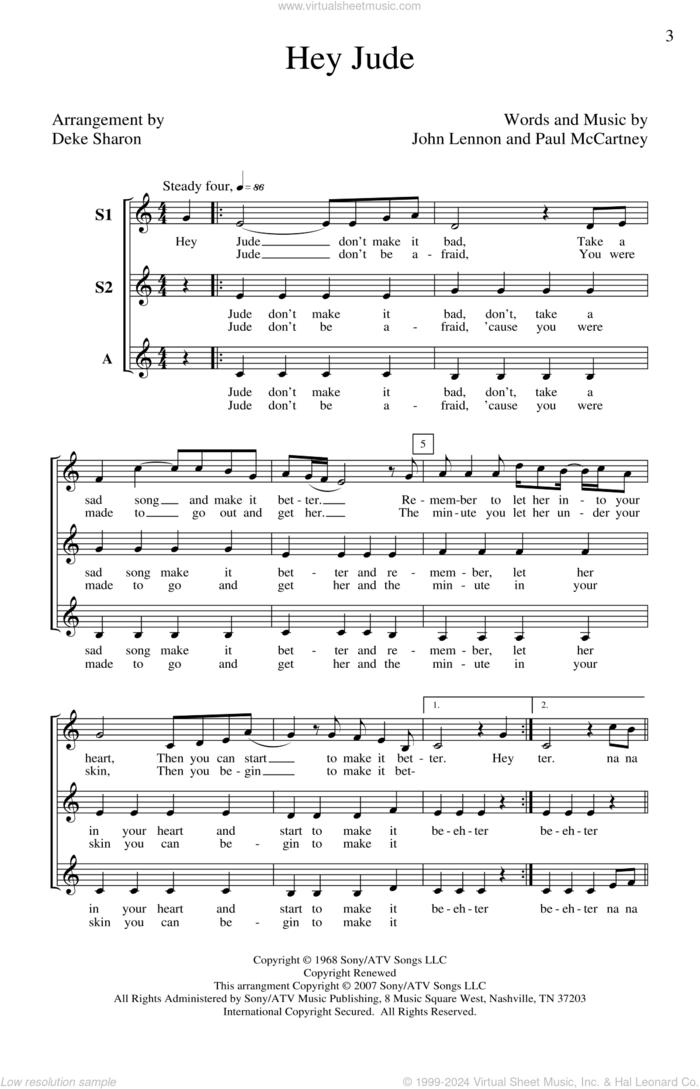 Hey Jude (arr. Deke Sharon) sheet music for choir (SSA: soprano, alto) by Paul McCartney, John Lennon, Deke Sharon and The Beatles, intermediate skill level