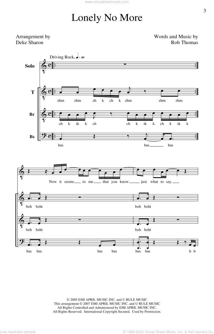 Lonely No More sheet music for choir (TTBB: tenor, bass) by Rob Thomas and Deke Sharon, intermediate skill level