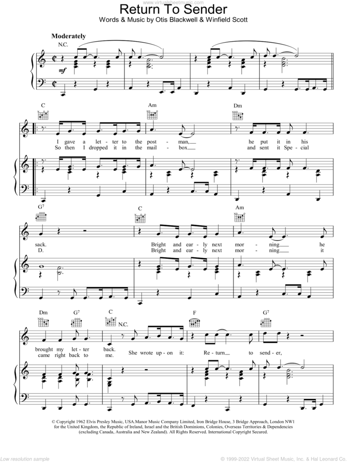 Return To Sender sheet music for voice, piano or guitar by Elvis Presley, Otis Blackwell and Winfield Scott, intermediate skill level