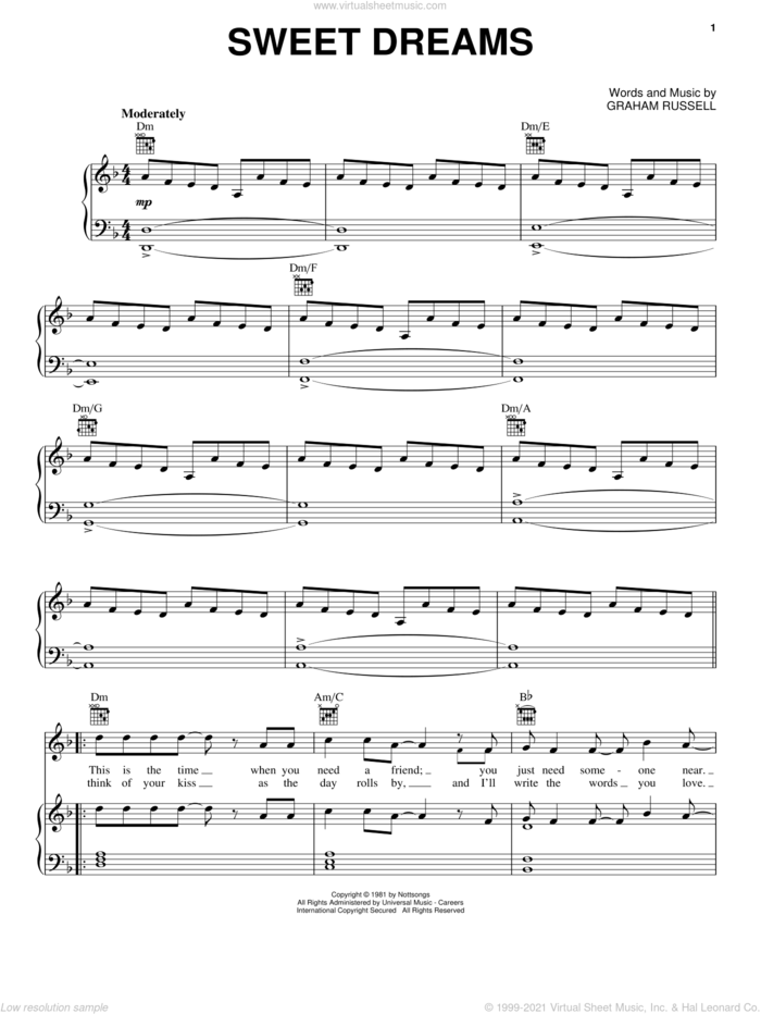 Sweet Dreams sheet music for voice, piano or guitar by Air Supply and Graham Russell, intermediate skill level