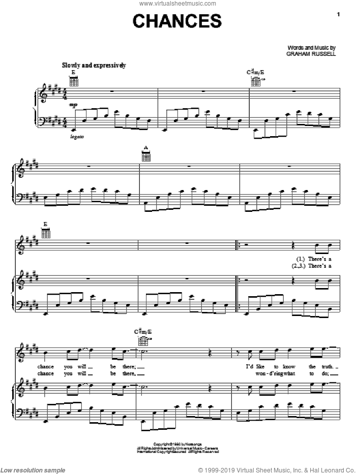 Chances sheet music for voice, piano or guitar by Air Supply and Graham Russell, intermediate skill level