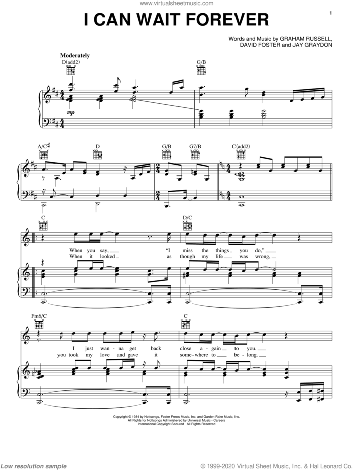 I Can Wait Forever sheet music for voice, piano or guitar by Air Supply, David Foster, Graham Russell and Jay Graydon, intermediate skill level