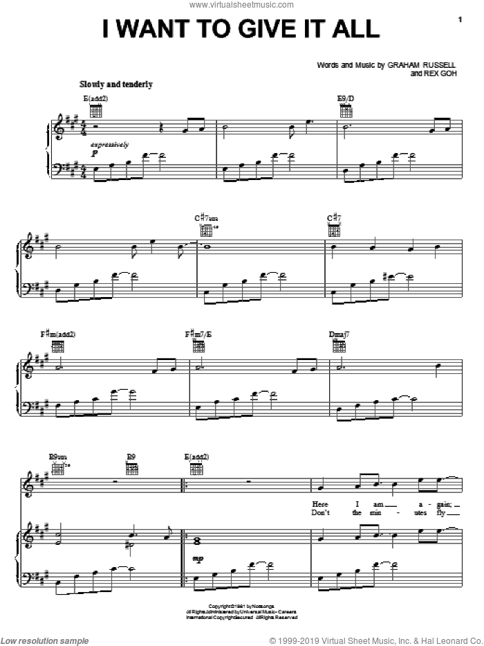 I Want To Give It All sheet music for voice, piano or guitar by Air Supply, Graham Russell and Rex Goh, intermediate skill level