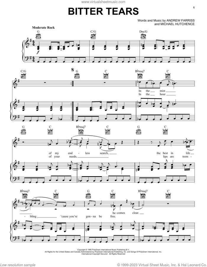 Bitter Tears sheet music for voice, piano or guitar by INXS, Andrew Farriss and Michael Hutchence, intermediate skill level