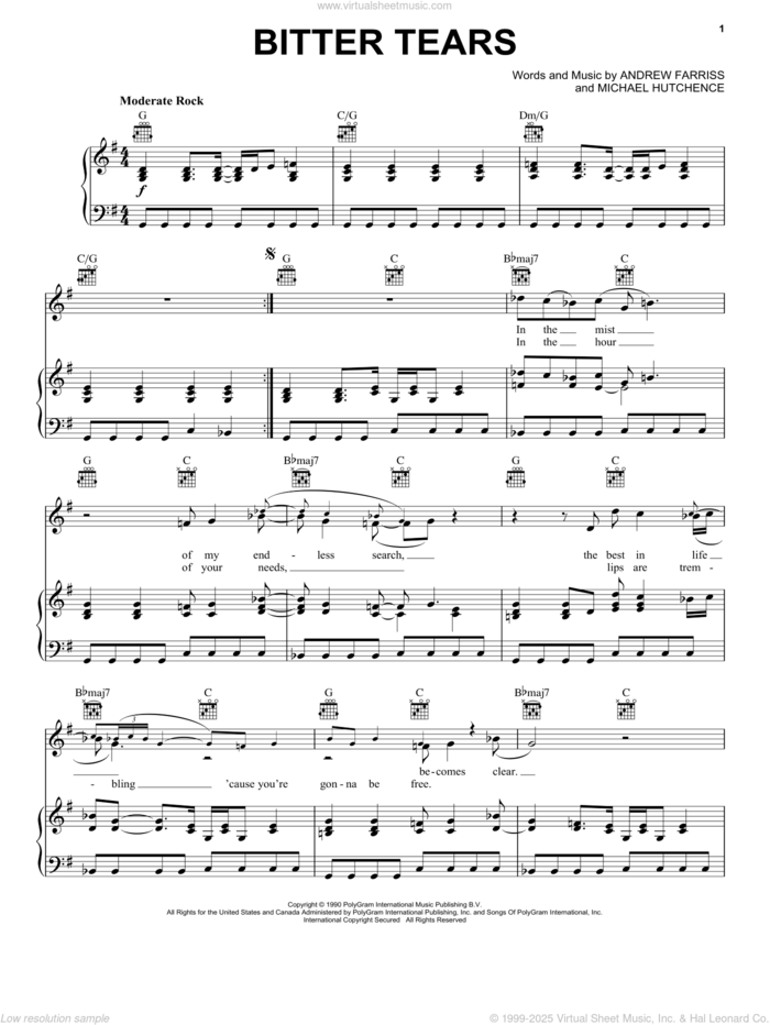 Bitter Tears sheet music for voice, piano or guitar by INXS, Andrew Farriss and Michael Hutchence, intermediate skill level