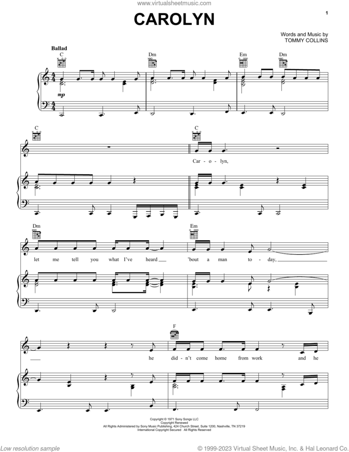 Carolyn sheet music for voice, piano or guitar by Merle Haggard and Tommy Collins, intermediate skill level