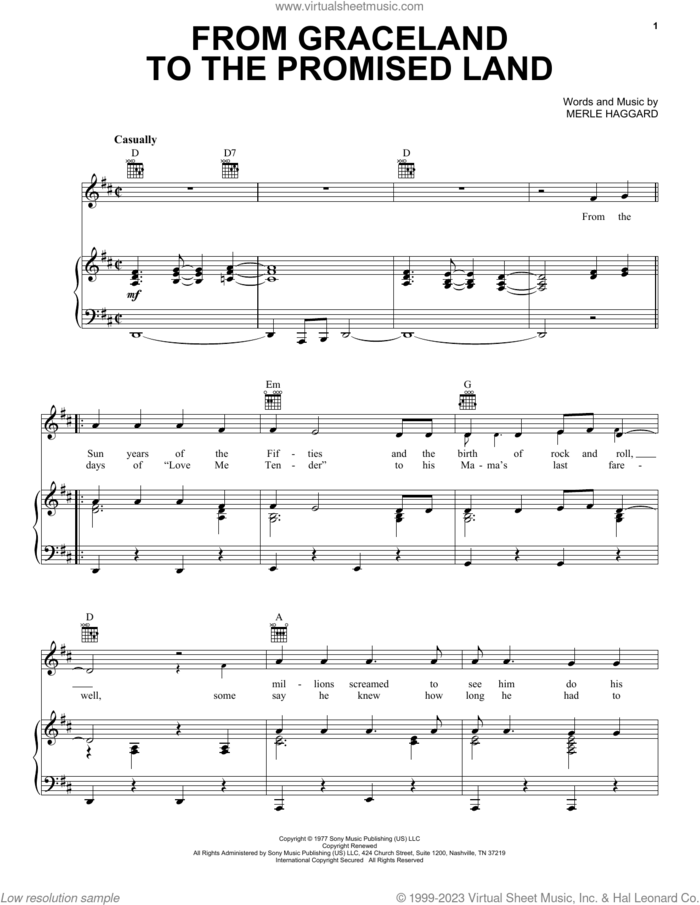 From Graceland To The Promised Land sheet music for voice, piano or guitar by Merle Haggard, intermediate skill level