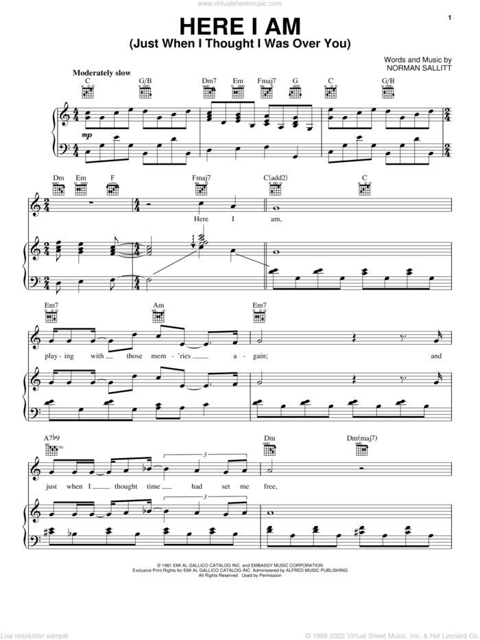 Here I Am (Just When I Thought I Was Over You) sheet music for voice, piano or guitar by Air Supply and Norman Sallitt, intermediate skill level