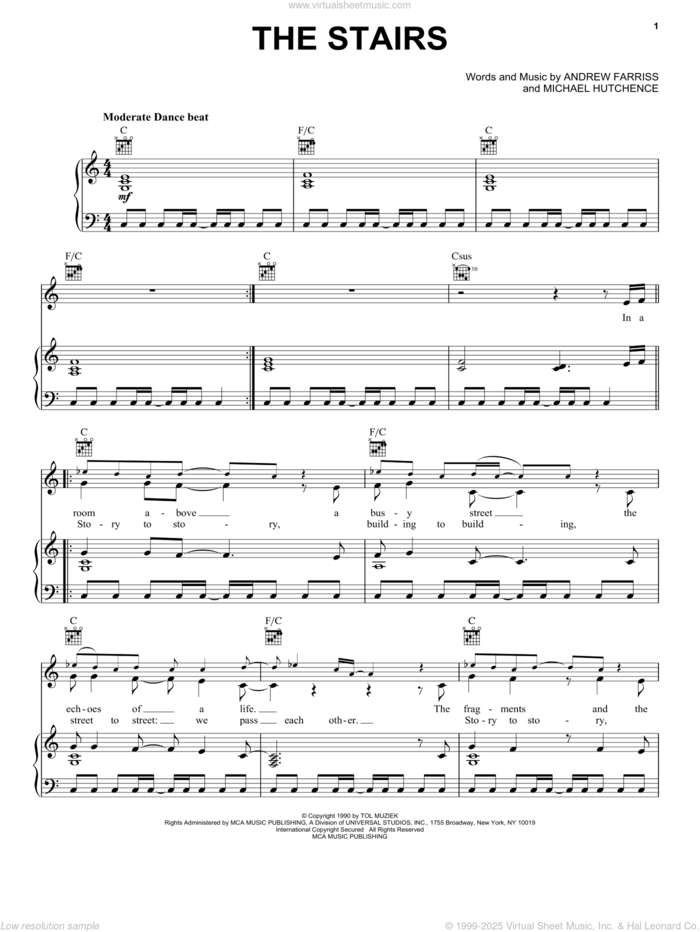 The Stairs sheet music for voice, piano or guitar by INXS, Andrew Farriss and Michael Hutchence, intermediate skill level