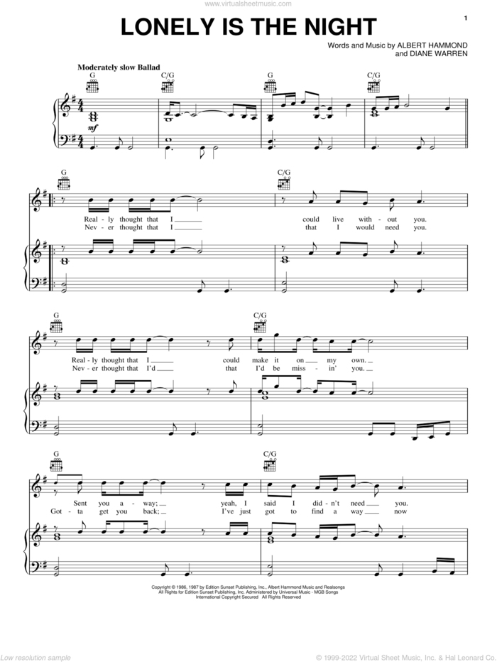 Lonely Is The Night sheet music for voice, piano or guitar by Air Supply, Albert Hammond and Diane Warren, intermediate skill level