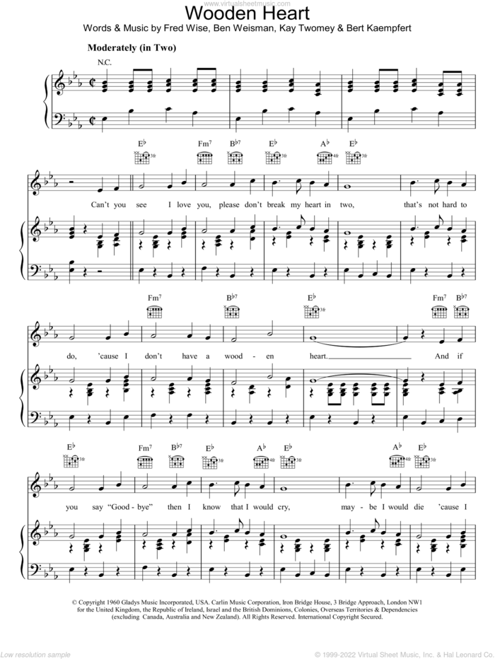 Wooden Heart sheet music for voice, piano or guitar by Elvis Presley, intermediate skill level