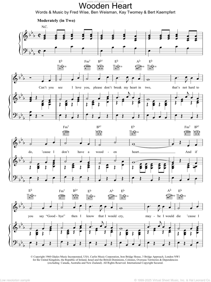 Wooden Heart sheet music for voice, piano or guitar by Elvis Presley, intermediate skill level