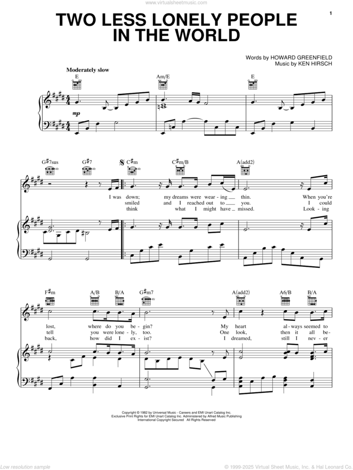 Two Less Lonely People In The World sheet music for voice, piano or guitar by Air Supply, Howard Greenfield and Ken Hirsch, intermediate skill level