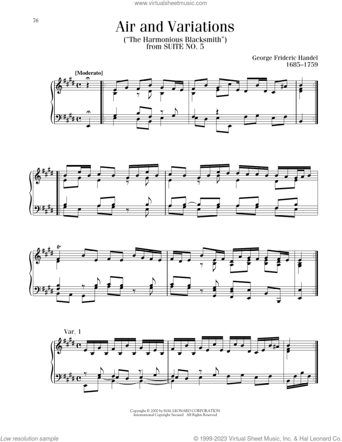 The Harmonious Blacksmith, (intermediate) sheet music for piano solo by George Frideric Handel, classical score, intermediate skill level