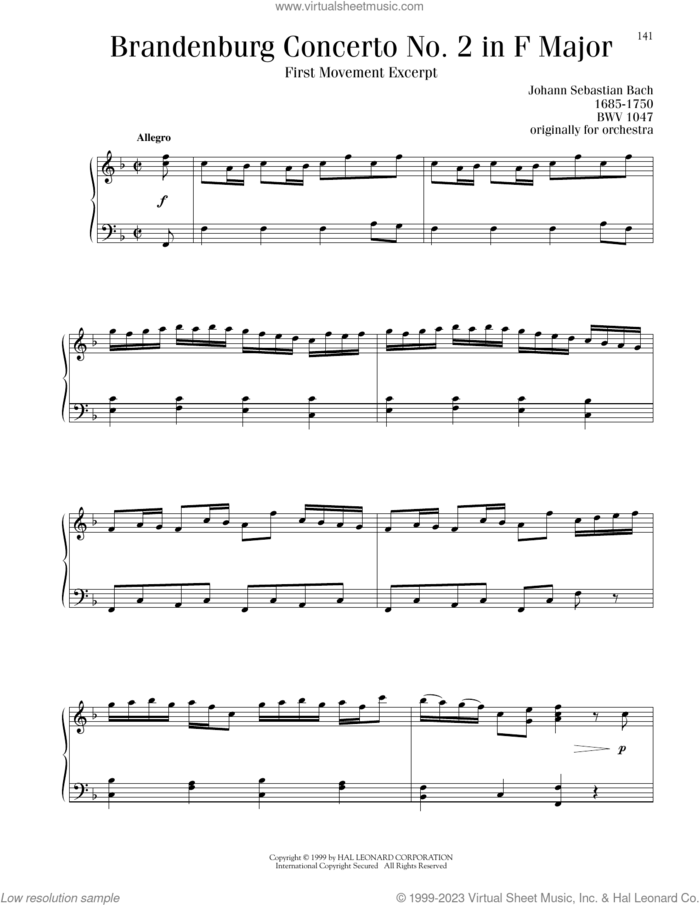 Brandenburg Concerto No. 2 in F Major, First Movement Excerpt sheet music for piano solo by Johann Sebastian Bach, classical score, intermediate skill level