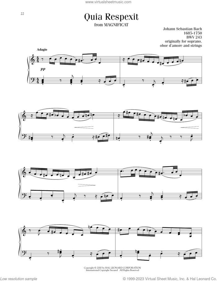 Quia Respexit sheet music for piano solo by Johann Sebastian Bach, classical score, intermediate skill level