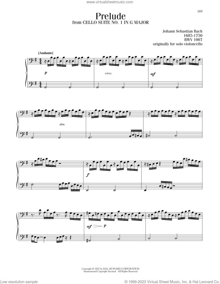 Prelude (Cello Suite No. 1) sheet music for piano solo by Johann Sebastian Bach, classical wedding score, intermediate skill level